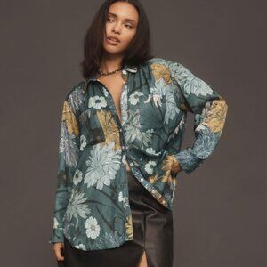 NWOT Anthropologie Relaxed Buttondown Blouse, Green Motif, Size M, Floral